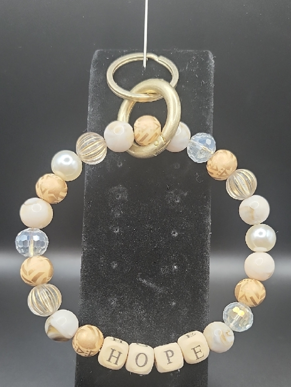 Beaded Wrist Key & Card Holder in Cream and Gold - HOPE Charm - Picture 2 of 5